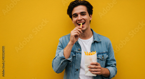 Young caucasian man eating french fries, holding paper bag. Happy person enjoying street takeaway fast food meal. Advertising banner with copy space.