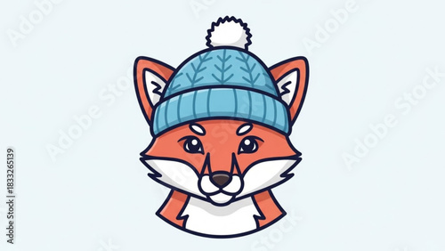 Cute cartoon fox wearing a blue knitted winter hat with a white pom pom looking forward with a friendly expression against a light blue background