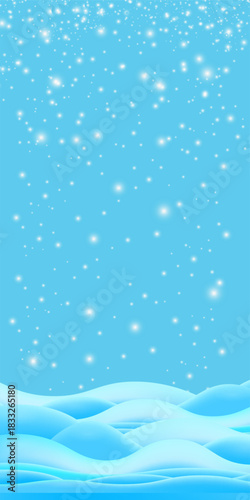 Realistic cartoon snow hills with falling snowflakes and blue sky vertical background. Winter vertical landscape design element with blue snow. Minimal nature composition snowy fields and falling snow