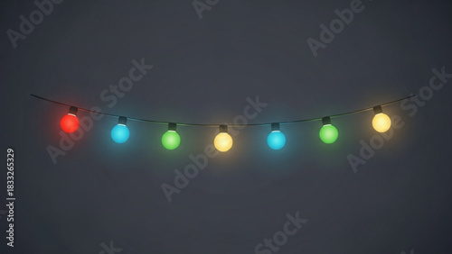 A string of colorful glowing light bulbs hangs in a gentle curve against a dark muted background creating a festive and inviting atmosphere