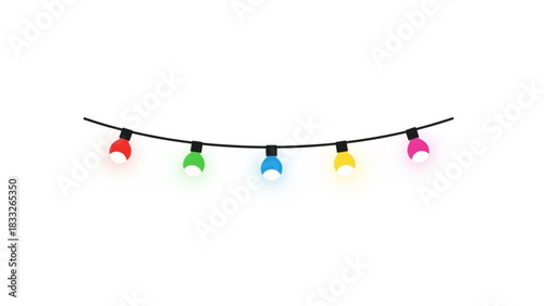 A string of colorful festive lights with red green blue yellow and pink bulbs illuminated against a clean white background creating a cheerful and celebratory atmosphere