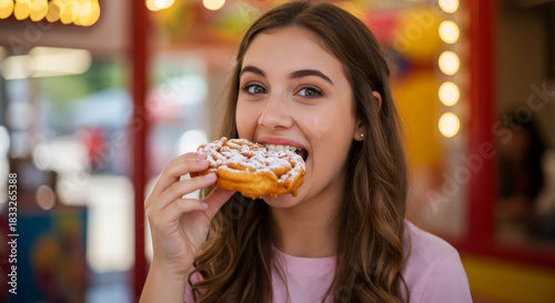 Young caucasian woman eating funnel cake at outdoor fair. Amusement park food concept for summer event.