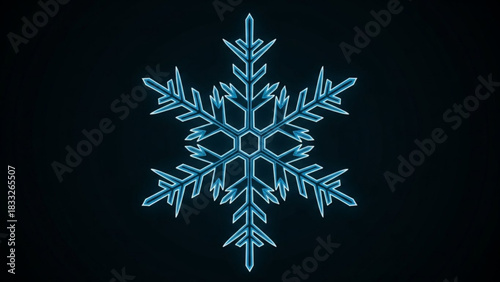 A striking stylized blue snowflake with intricate geometric patterns glows against a dark background symbolizing winter and the beauty of frost