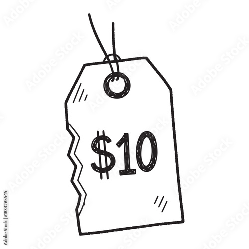 Ten Dollar Tag Price Label Illustration Discount Sale Offer Shopping Retail Cost Value Promotion Hand Drawn Sketch