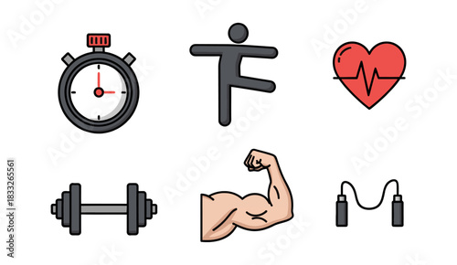 A collection of six line art icons with color fills depicting the essential elements of a physical exercise and fitness regime.