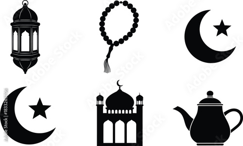 Islamic symbols black silhouettes lantern rosary crescent moon mosque teapot