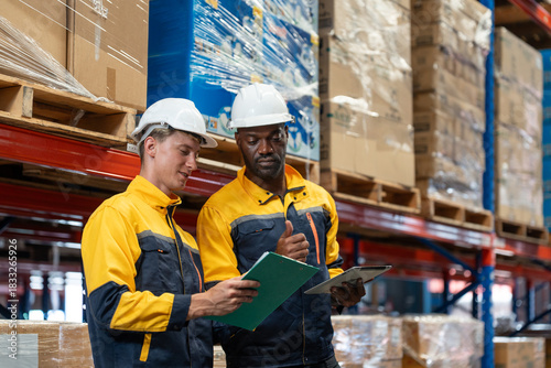 Two men warehouse worker wearing uniform and helmet safety look at clipboard to checking stock products in warehouse factory store. Logistics, Distribution Center concept
