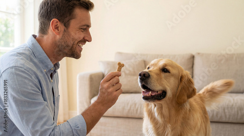 Man playing with golden retriever at home living room, smiling while holding treat biscuit and rewarding happy dog for good behavior
