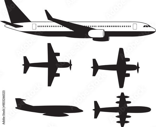A clean vector illustration showcasing a set of airplane silhouettes
