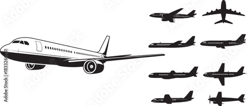 Black and White Silhouettes of Various Airplanes and Aircraft