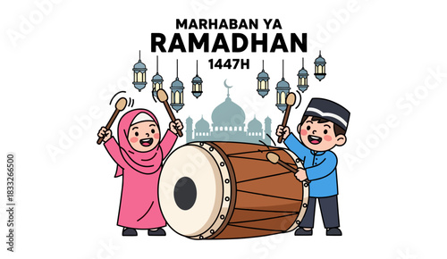 This image symbolizes the joy, tradition and energy of children in welcoming or announcing the time for Sahur or Iftar in the month of Ramadan. There is a saying "Marhaban Ya Ramadhan 1447H"