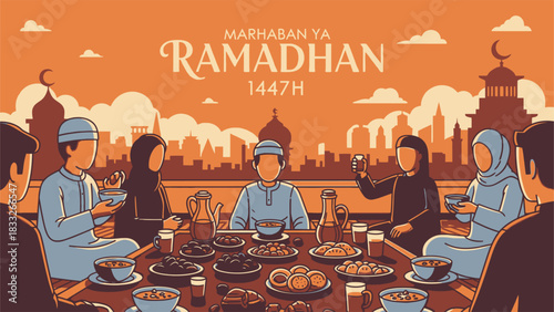 This warm and togetherness atmosphere reflects the tradition of gathering together in the month of Ramadan 1447H. There is an inscription saying "Marhaban Ya Ramadhan 1447H".