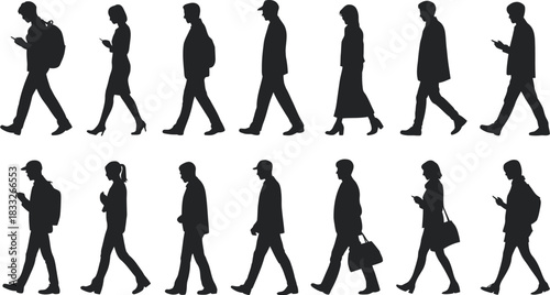 Diverse Silhouettes of Pedestrians Walking and Using Mobile Devices in Clean Vector Art