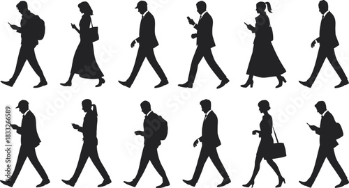 Silhouettes of People Walking and Using Mobile Phones