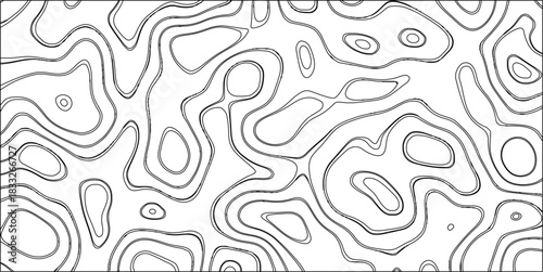 Black and white abstract topographic map contour lines pattern with bold outlines on a clean white background, ideal for graphic design, illustrations, and educational materials