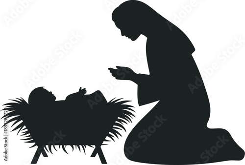 Stylized silhouette illustration of the Nativity scene with Mary kneeling beside baby Jesus in a manger