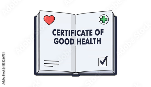 Flat design illustration of an open book or document, showing the title "CERTIFICATE OF GOOD HEALTH" on the page.
