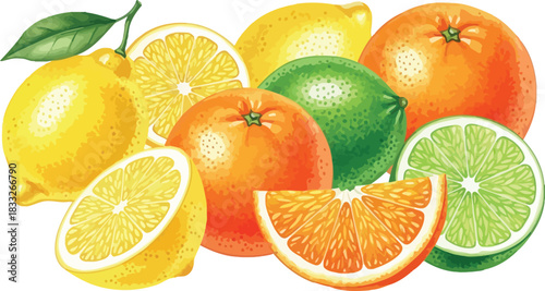 Vibrant Citrus Fruits Vector Illustration: Fresh Lemons, Oranges, and Limes Collection for Healthy Design