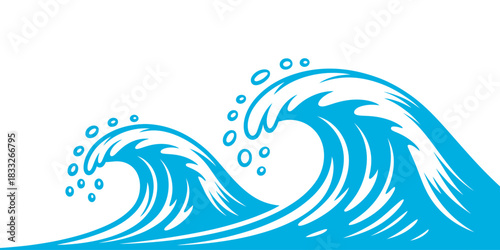 Stylized Waves Vector Illustration of Dynamic Blue Ocean