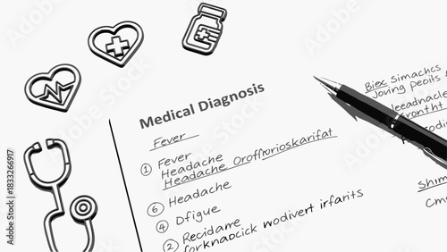 Top view of a medical diagnosis form on paper with handwriting and the title "Medical Diagnosis.