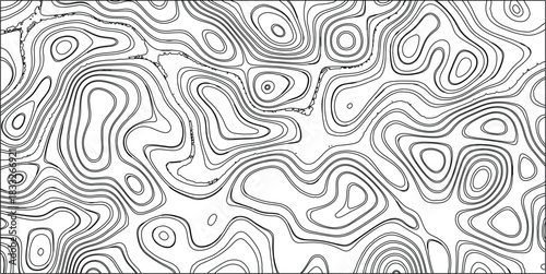 Black and white abstract topographic map pattern with intricate swirling contour lines creating a complex and organic visual texture on a white background for graphic design elements