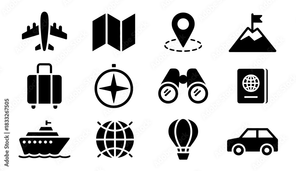 Fototapeta premium Set of travel and tourism icons. Simple vector silhouette for vacation planning isolated