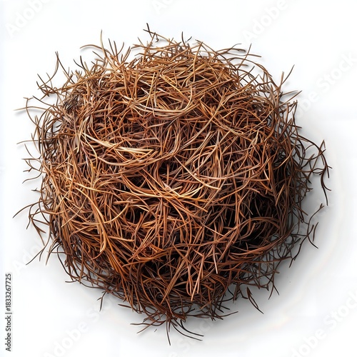 Dry pine needles in a round pile on a white background.