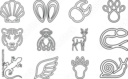 Collection of stylized animal and nature icons in outline style