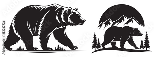 Detailed black and white illustration of a grizzly bear and mountain landscape