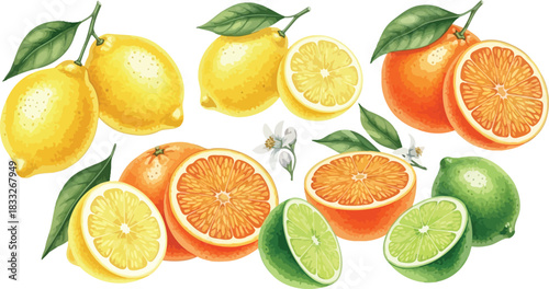Fresh Citrus Fruits Vector Illustration with Lemons, Oranges, and Limes on White Background