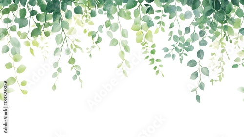 Watercolor illustration depicts cascading green foliage adorning the upper border against a clean white background