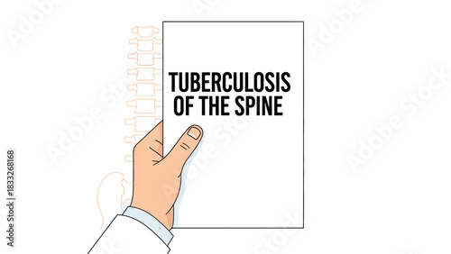 A clean, minimalist, line art style vector illustration featuring the hands of a medical professional (doctor or scientist) holding a piece of paper with the words "TUBERCULOSIS OF THE SPINE" written 