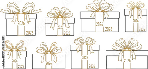 Elegant 2026 gift boxes with golden bows on a white background for celebrations