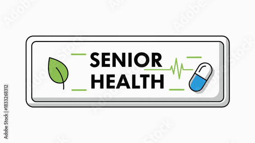 Vector illustration of an iconic banner with the text "SENIOR HEALTH", flanked by leaf symbols, heart rate waves (ECG), and medicine capsules