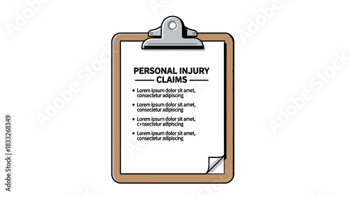 Vector illustration of a brown clipboard holding a document with the title "PERSONAL INJURY CLAIMS" followed by a list of lorem ipsum points
