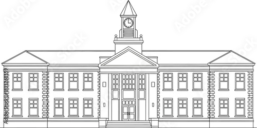 Architectural line drawing of a classic building with a clock tower facade