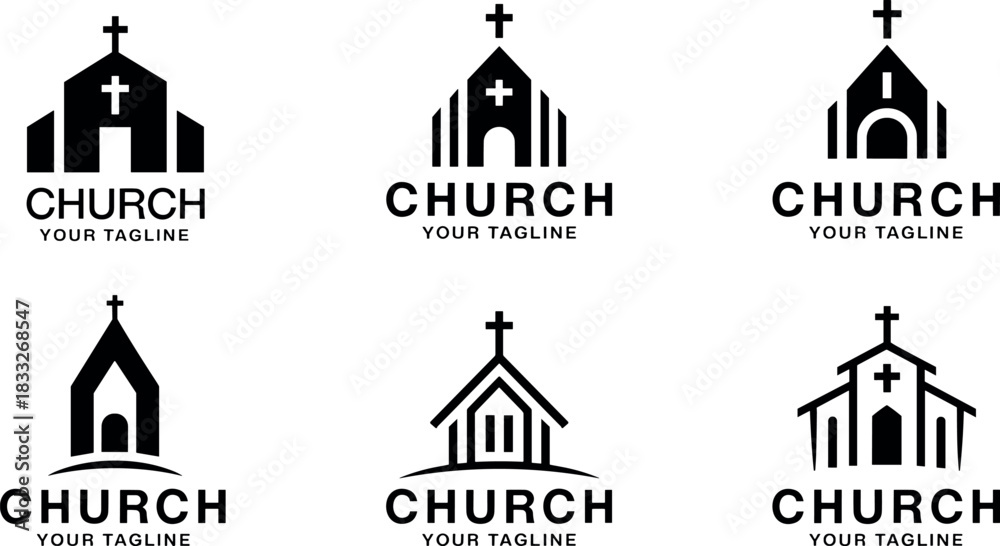 Obraz premium Collection of church, logo, icon, cross, religion, Christianity, diverse minimalist church logo designs featuring a prominent cross symbol on roof