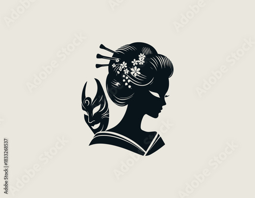 Elegant black silhouette of a beautiful Asian woman wearing a detailed decorative mask. Traditional fashion concept
