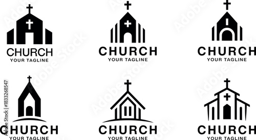 Collection of church, logo, icon, cross, religion, Christianity, diverse minimalist church logo designs featuring a prominent cross symbol on roof