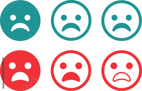 Unhappy and sad face icon set representing negative feedback and sad, unhappy, frown, emotion, negative,   poor customer satisfaction.
