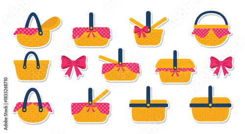 Cute collection of wicker picnic basket stickers, some decorated with pink gingham cloth and bows, ready for an outdoor meal.