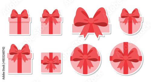 Set of cute pink gift box stickers, in square and round shapes, all tied with large, elegant red bows for presents.
