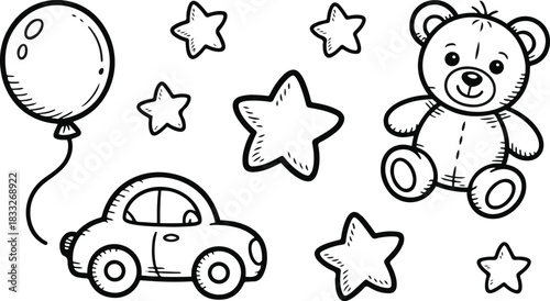 Set of Hand Drawn Baby Toys Like Teddy Bear, Car, Balloon and Stars, Sketch for Nursery, Kids Products and Textile Design, Vector