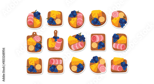 Collection of appetizer stickers featuring charcuterie boards with cheese, grapes, crackers, and cured meat for gourmet snacking.