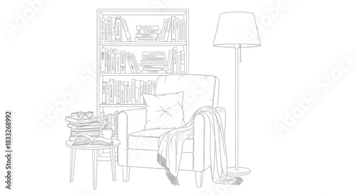Cozy reading nook with armchair books lamp and blanket illustration