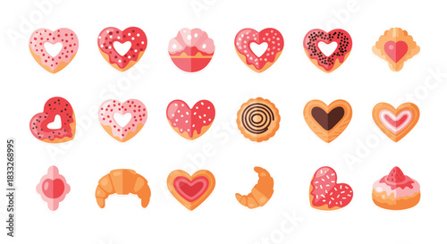 A sweet collection of heart-shaped pastry stickers, including donuts, cookies, and croissants for Valentine's Day treats.