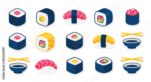 A delicious sticker set of various Japanese sushi and rolls, including nigiri, maki, soy sauce, and chopsticks for a meal.
