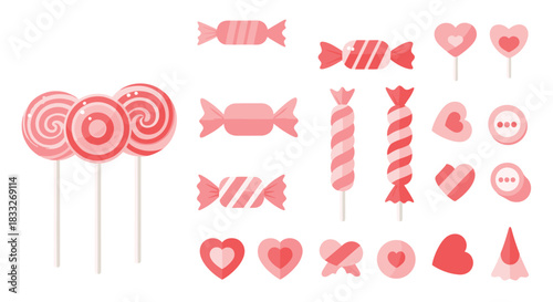 Sweet collection of pink Valentine's Day candy stickers, including lollipops, wrapped sweets, and heart-shaped hard candies.
