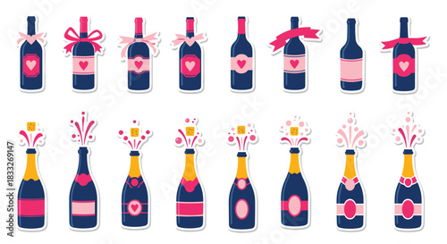 Festive sticker collection of wine and champagne bottles decorated with pink ribbons and hearts for a romantic celebration.