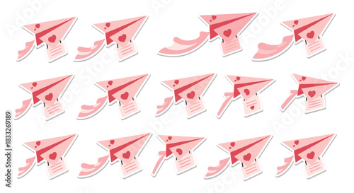 A repeating pattern of cute pink paper airplane stickers, each carrying a small love letter with a heart for Valentine's Day.